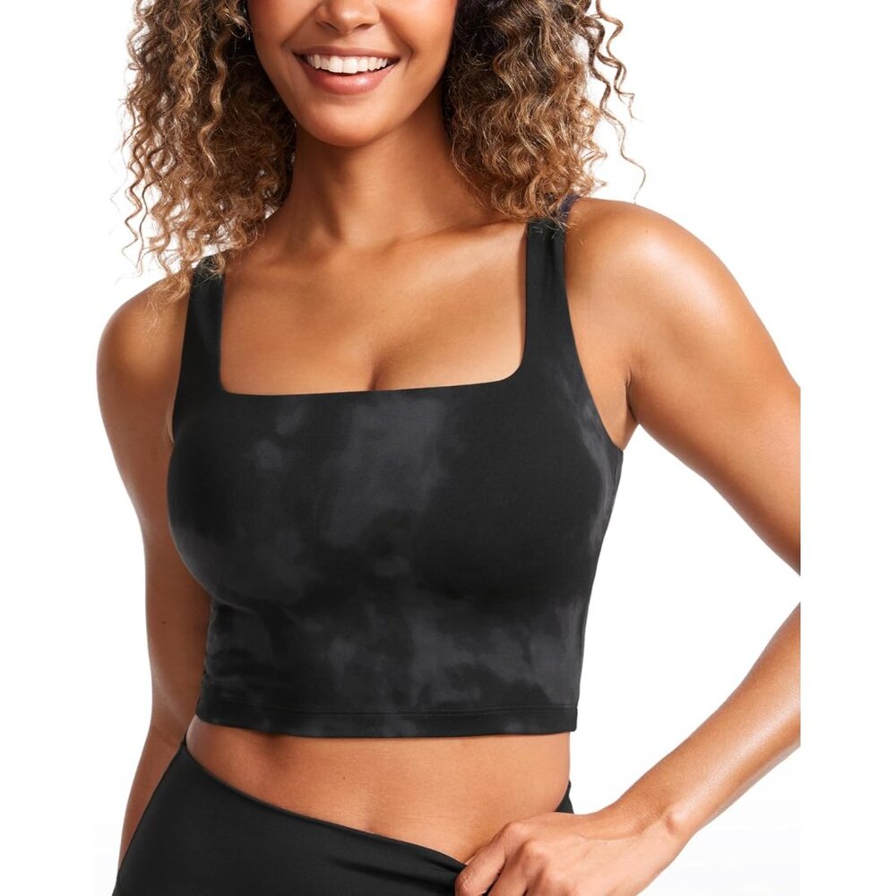 〽️Women's Black Sleeveless Pullover Square Neck Tie Dye Padded Crop Tank Top